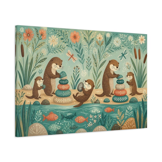 Otter Family Stacking Stones Canvas Print – Kids Room, Playroom Wall, Teal And Coral - YesArtYes