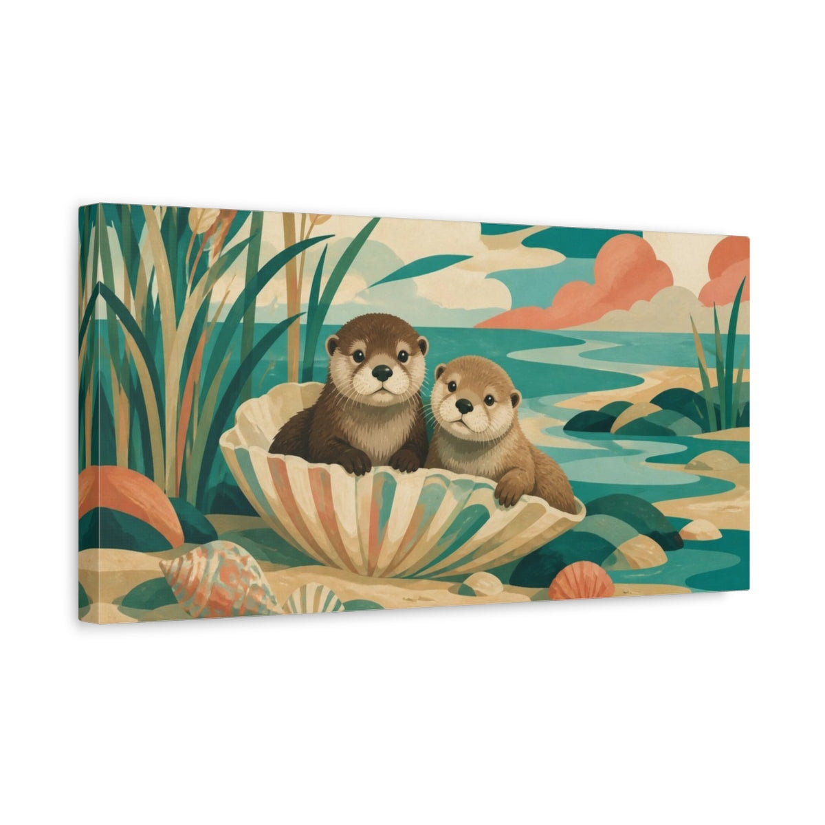 Side Mockup 3. Otter Pups In Shell shown as canvas print