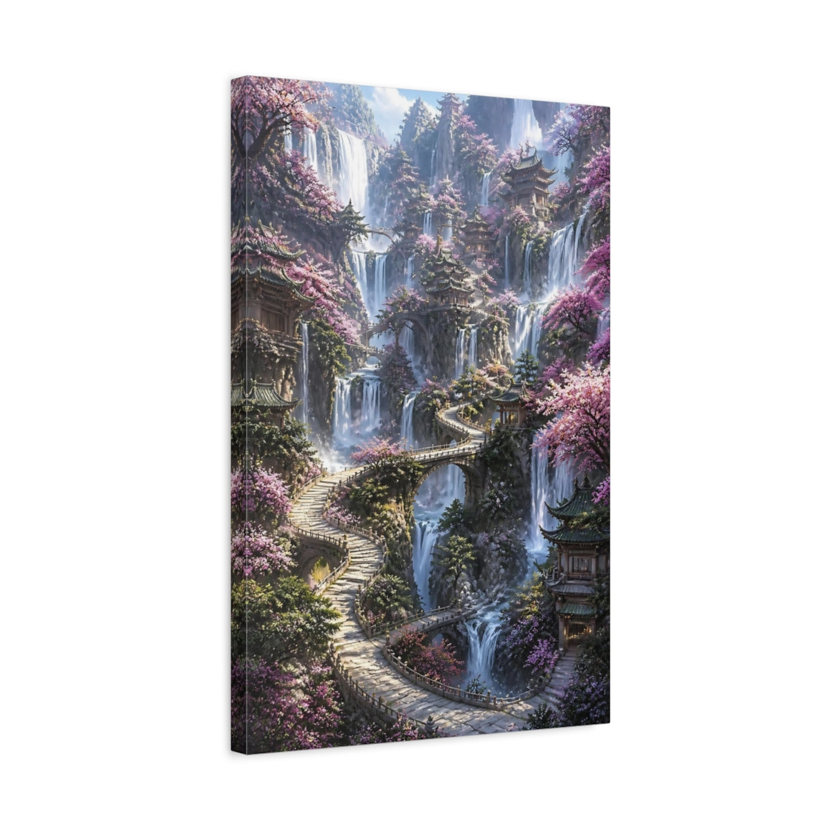 Side Mockup 3. Pagoda Village Waterfalls shown as canvas print