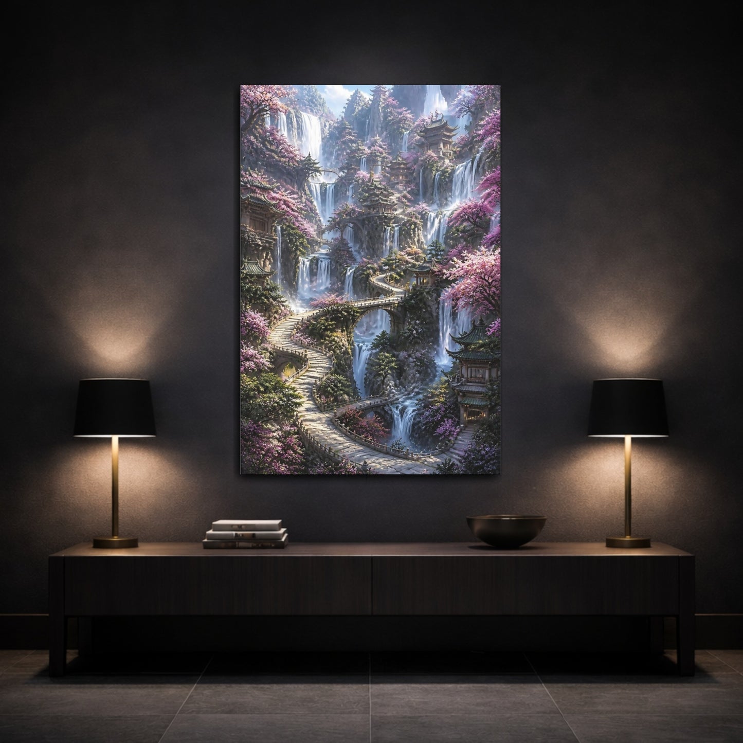 Mockup 3. Pagoda Village Waterfalls shown as canvas print