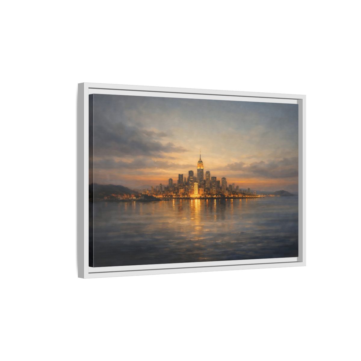 Side Mockup 1. Vintage New York City Dusk Cityscape shown as stretched canvas wall art