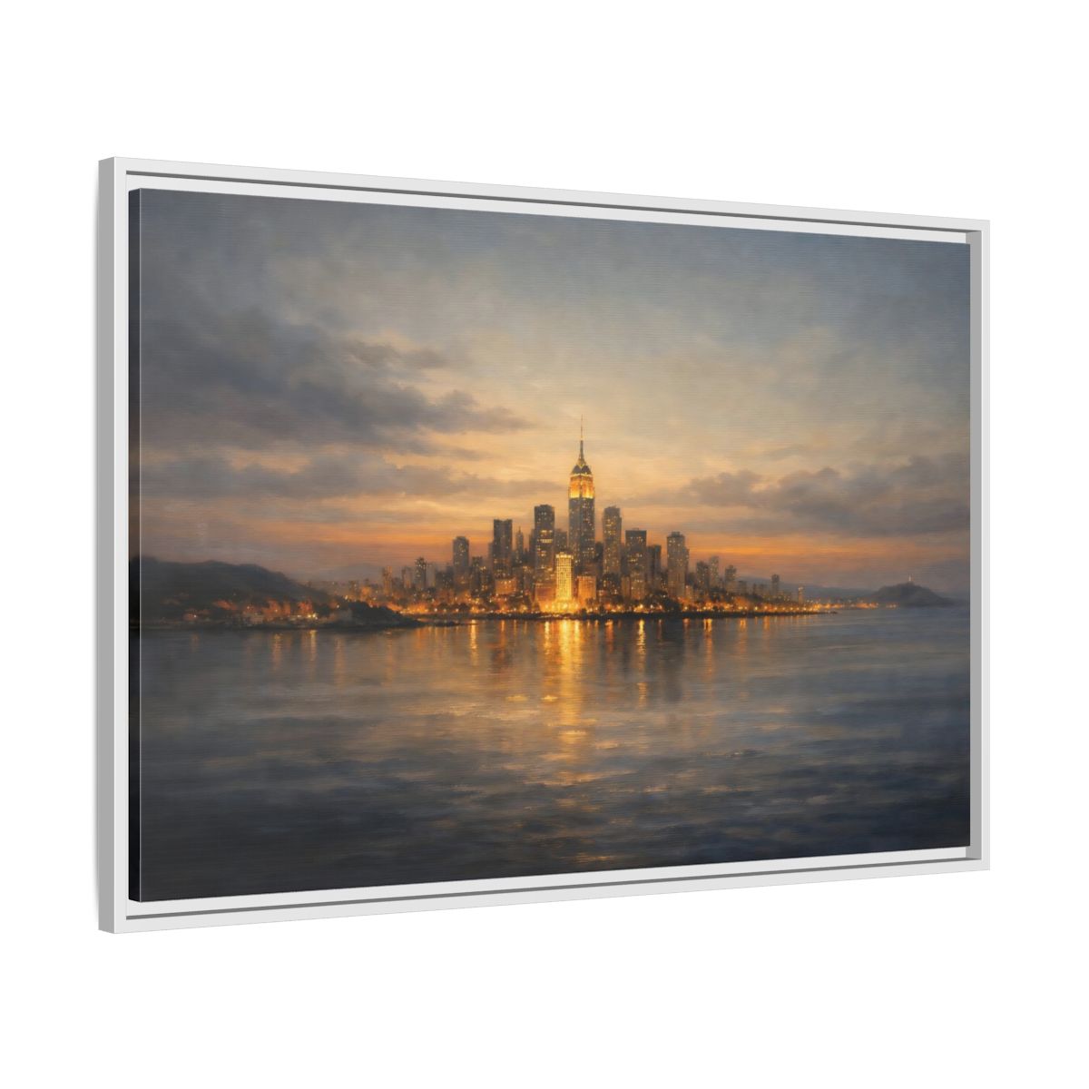 Side Mockup 8. Vintage New York City Dusk Cityscape shown as stretched canvas wall art