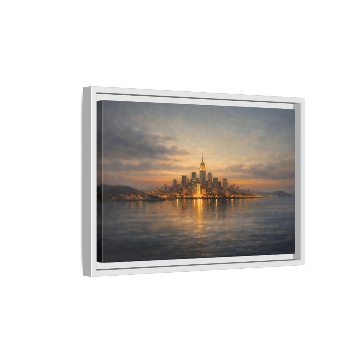 Side Mockup 4. Vintage New York City Dusk Cityscape shown as stretched canvas wall art
