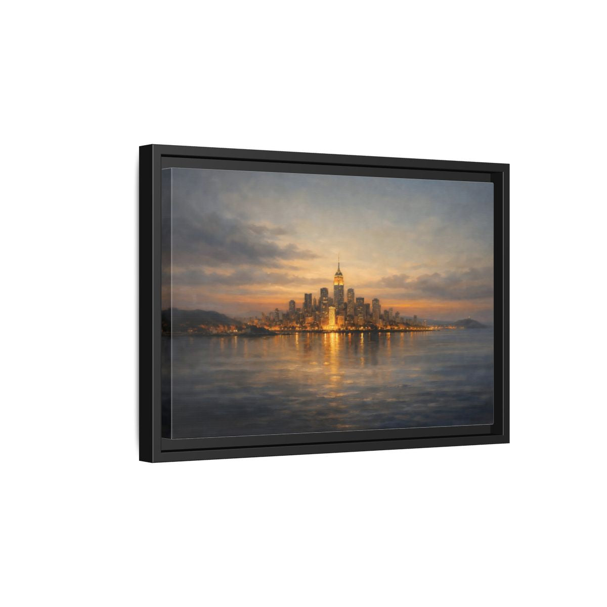 Side Mockup 6. Vintage New York City Dusk Cityscape shown as stretched canvas wall art
