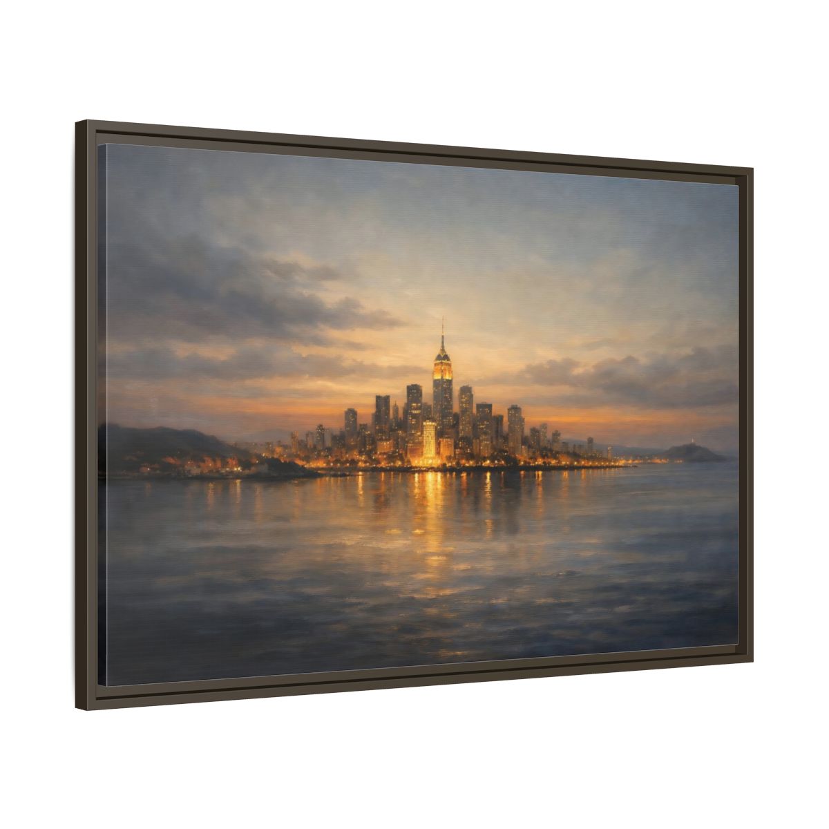 Side Mockup 9. Vintage New York City Dusk Cityscape shown as stretched canvas wall art