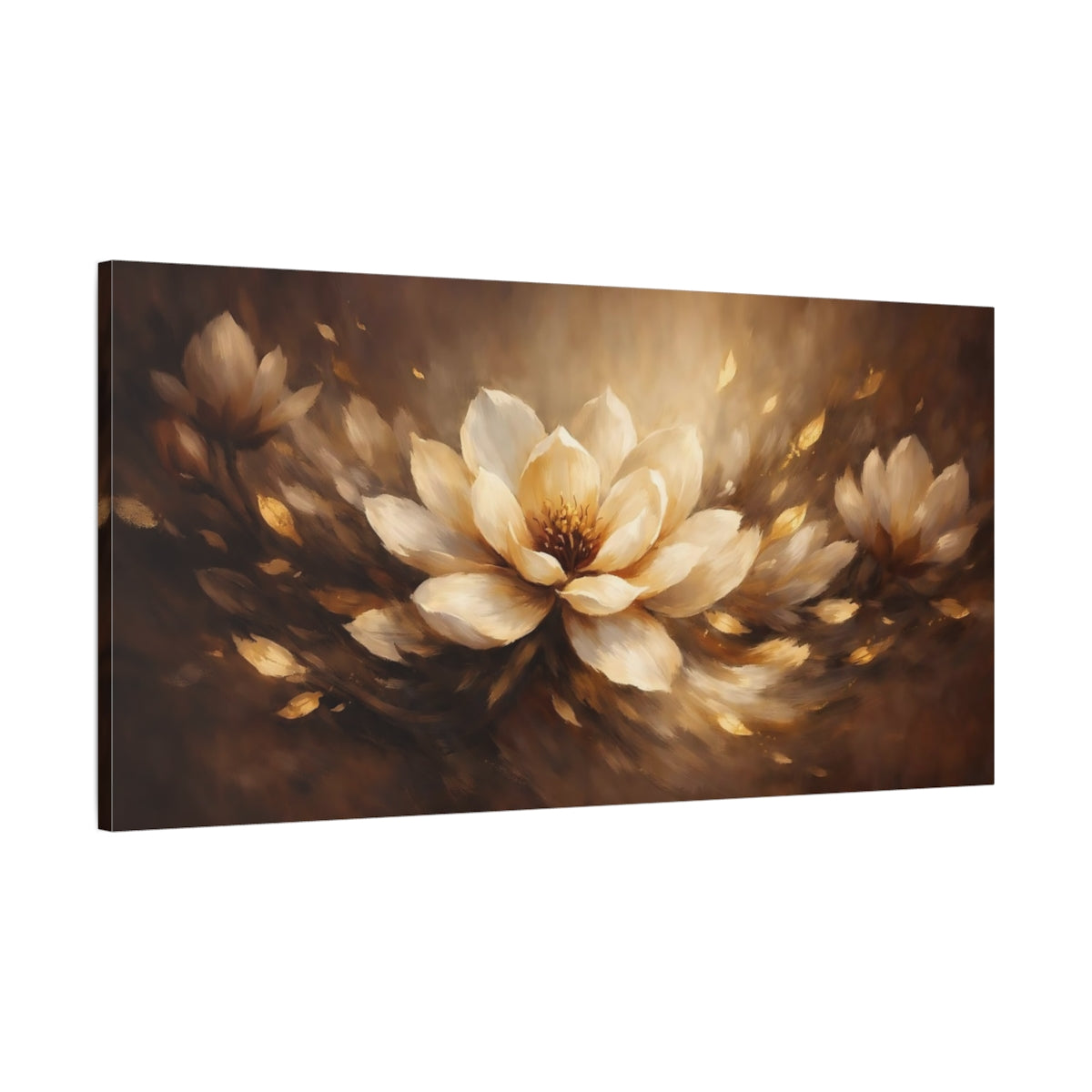 Side Mockup 1. Floral Lotus Flower Brown Gold Floral shown as stretched canvas wall art