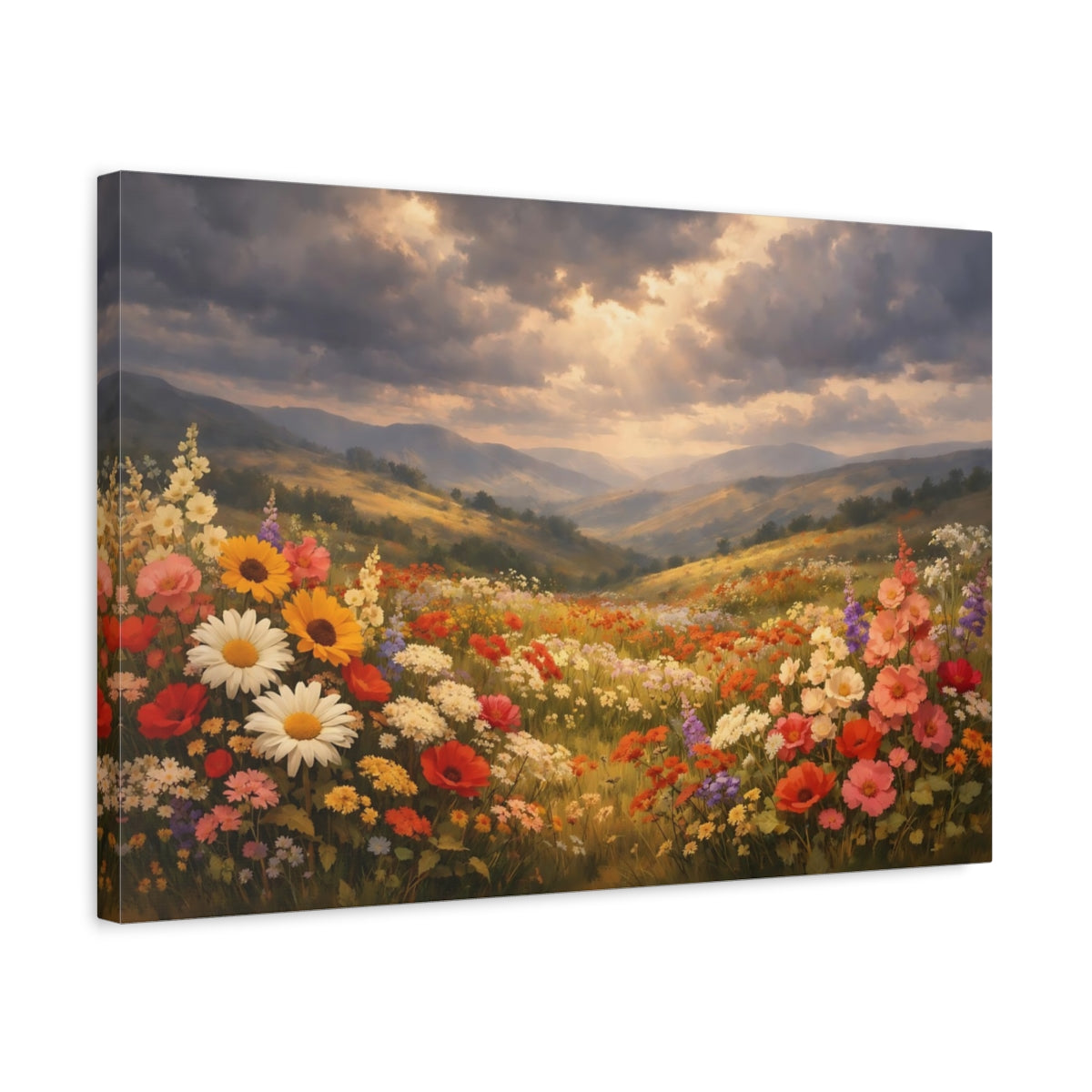 Side Mockup 3. Nature Wildflower Field Colorful Wildflowers shown as stretched canvas wall art