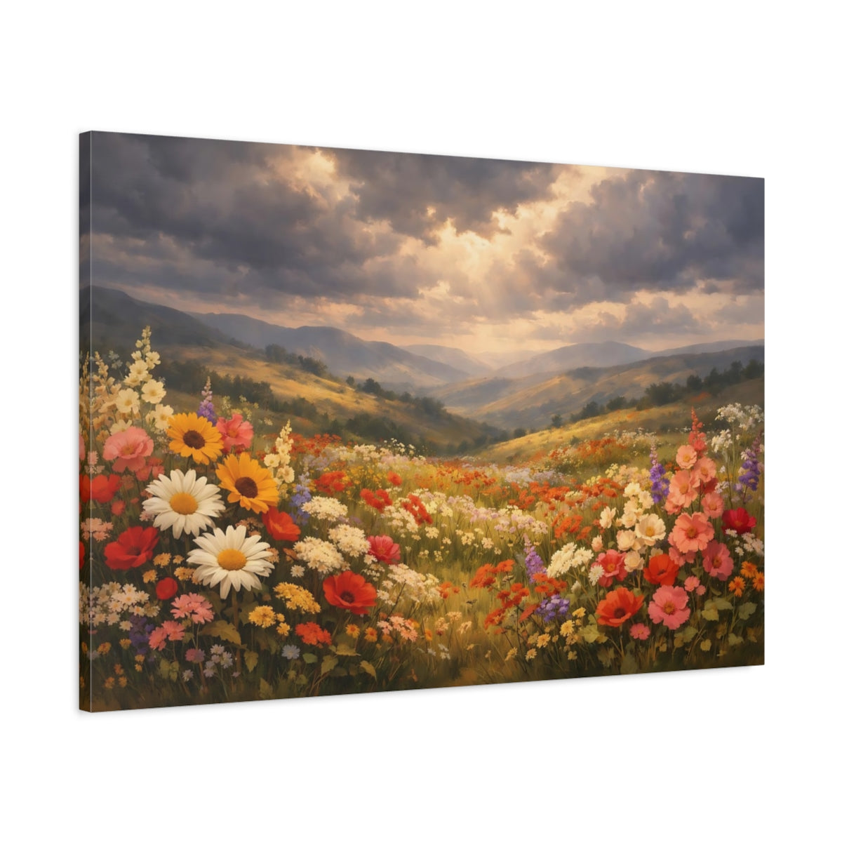 Side Mockup 1. Nature Wildflower Field Colorful Wildflowers shown as stretched canvas wall art