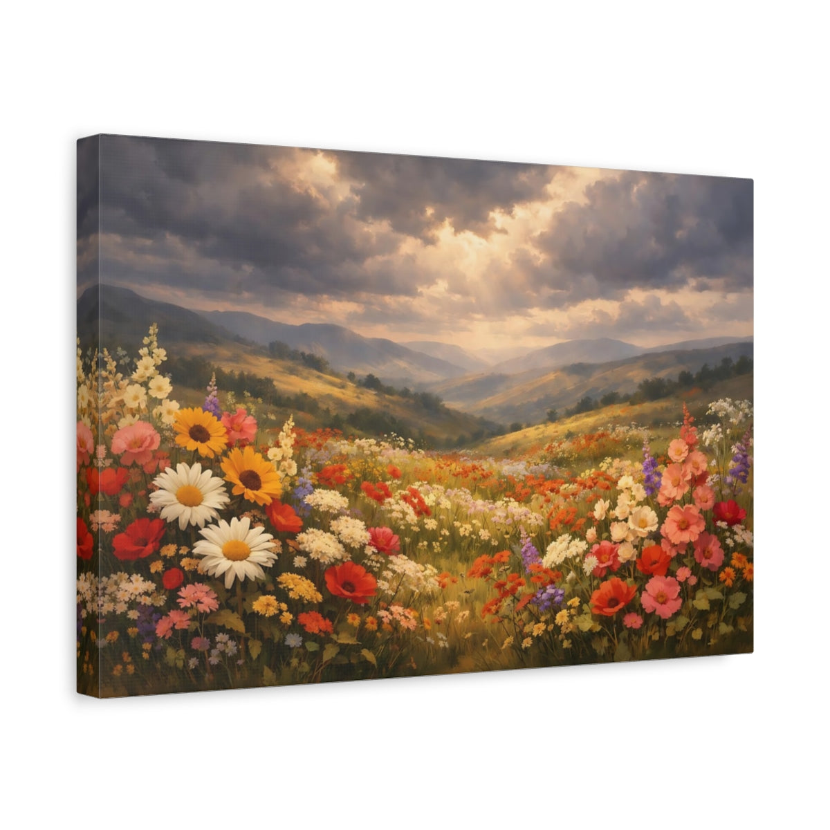 Side Mockup 4. Nature Wildflower Field Colorful Wildflowers shown as stretched canvas wall art
