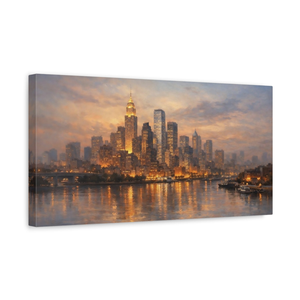 Side Mockup 3. Vintage Cityscape Golden Cityscape shown as stretched canvas wall art