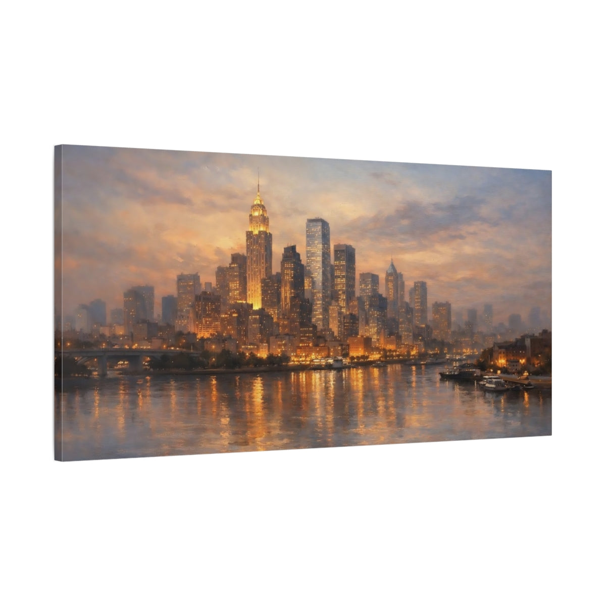 Side Mockup 1. Vintage Cityscape Golden Cityscape shown as stretched canvas wall art