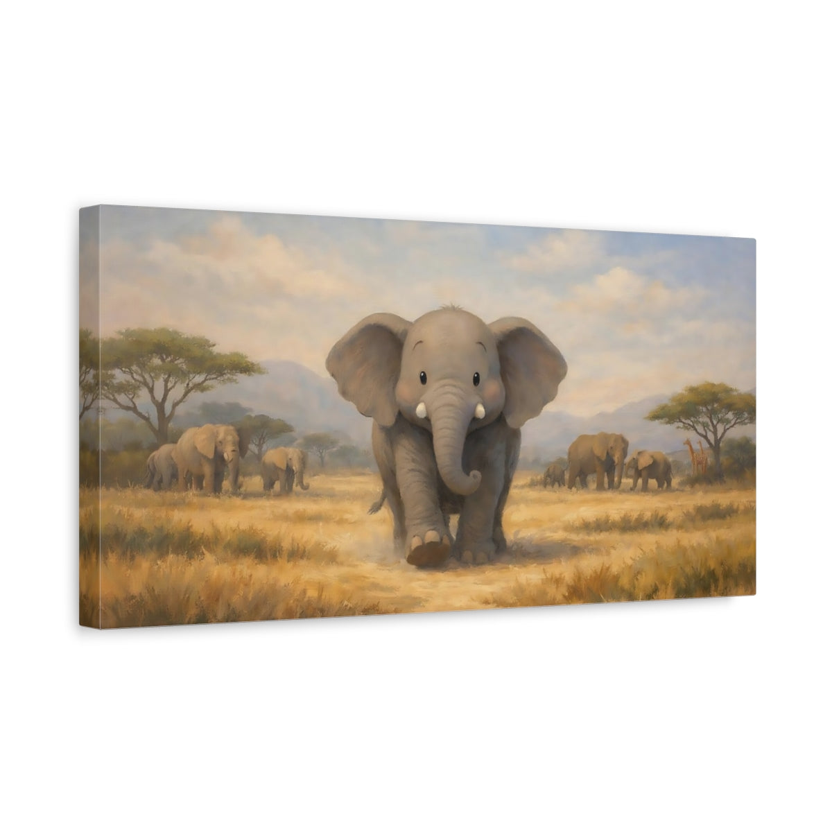 Side Mockup 3. Animals Baby Elephant Baby Elephant Savanna shown as stretched canvas wall art