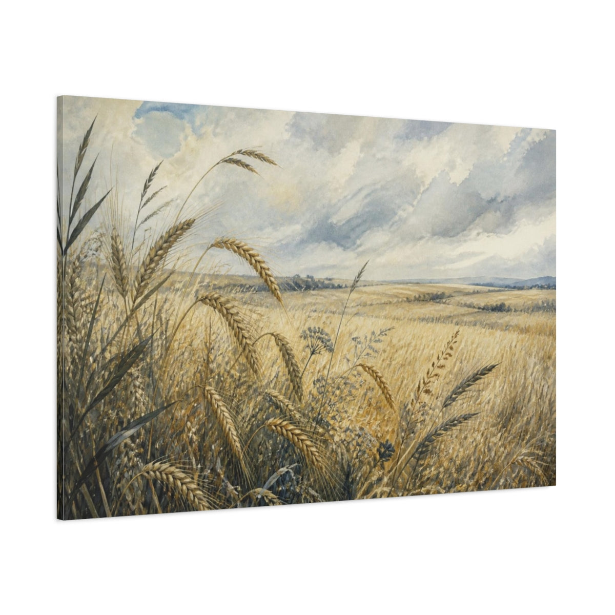 Side Mockup 1. Pale Harvest Wheat Field shown as canvas print