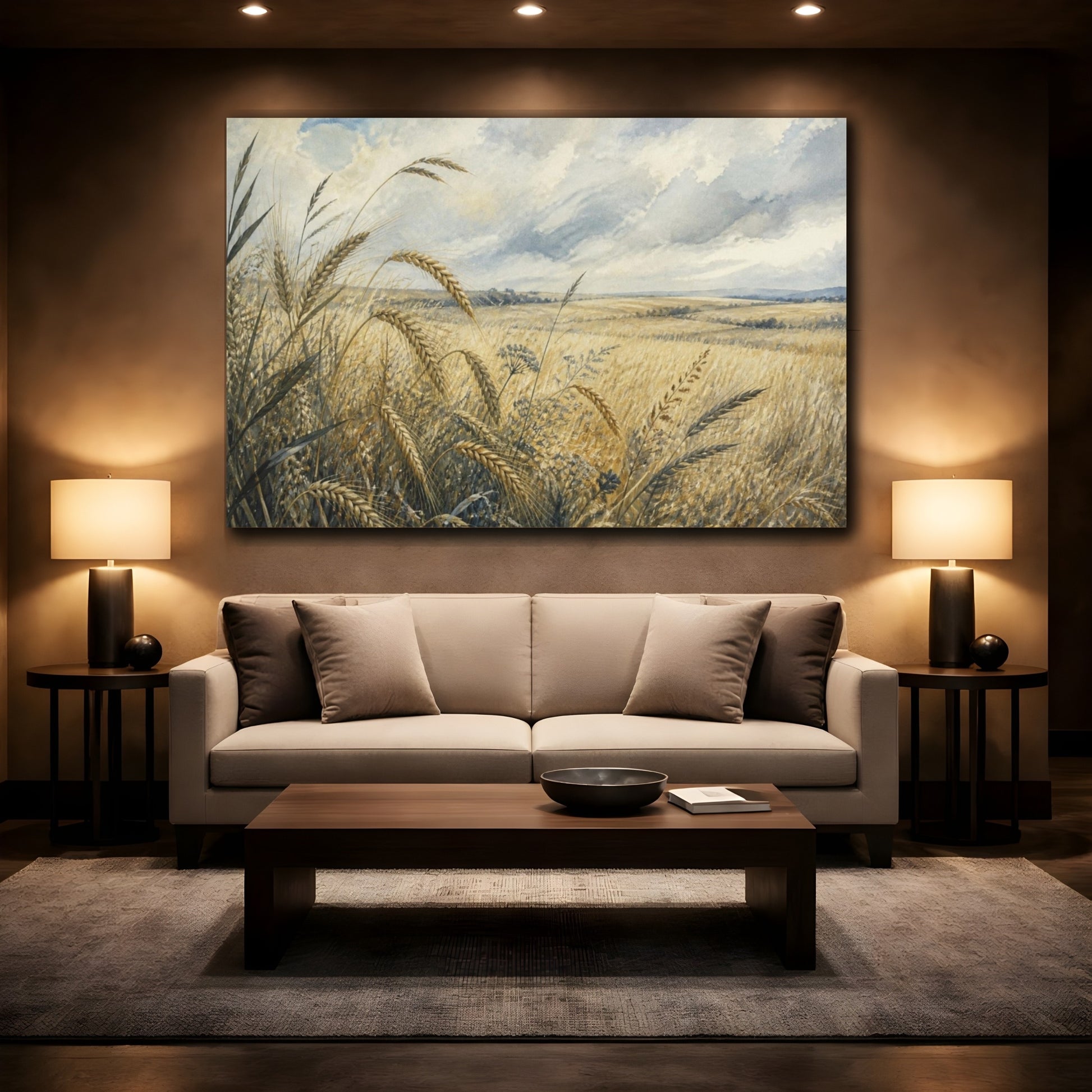 Mockup 2. Pale Harvest Wheat Field shown as canvas print