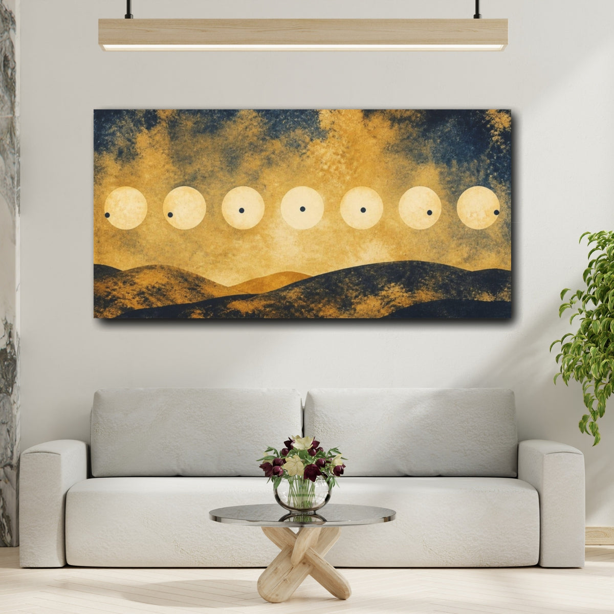 Mockup 2. Pale Suns Over Hills shown as canvas print