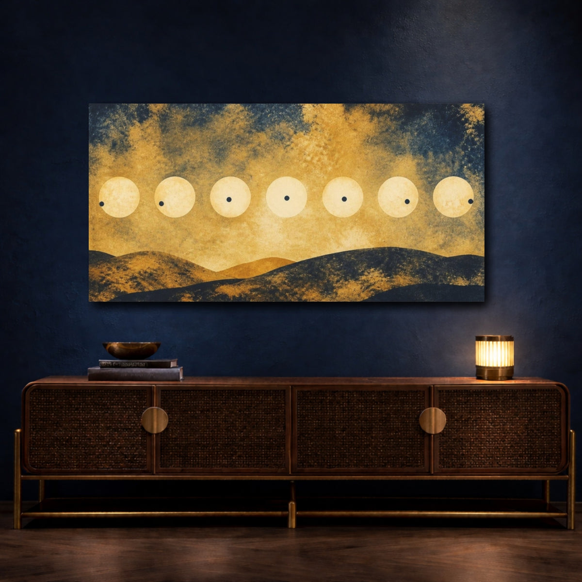 Mockup 4. Pale Suns Over Hills shown as canvas print