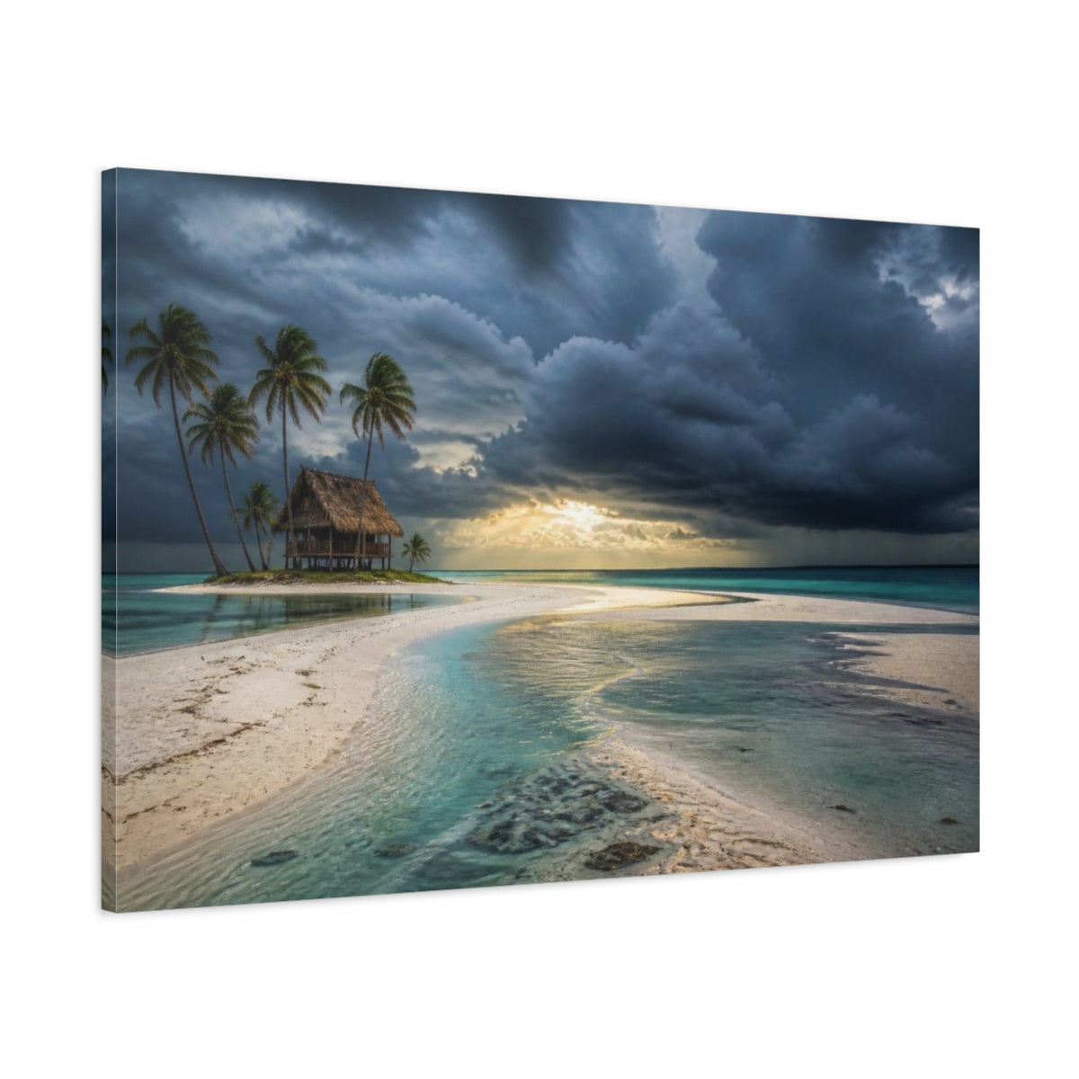 Main Mockup. Palm Hut Beyond Sandbar shown as canvas print