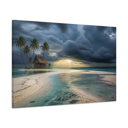 Main Mockup. Palm Hut Beyond Sandbar shown as canvas print