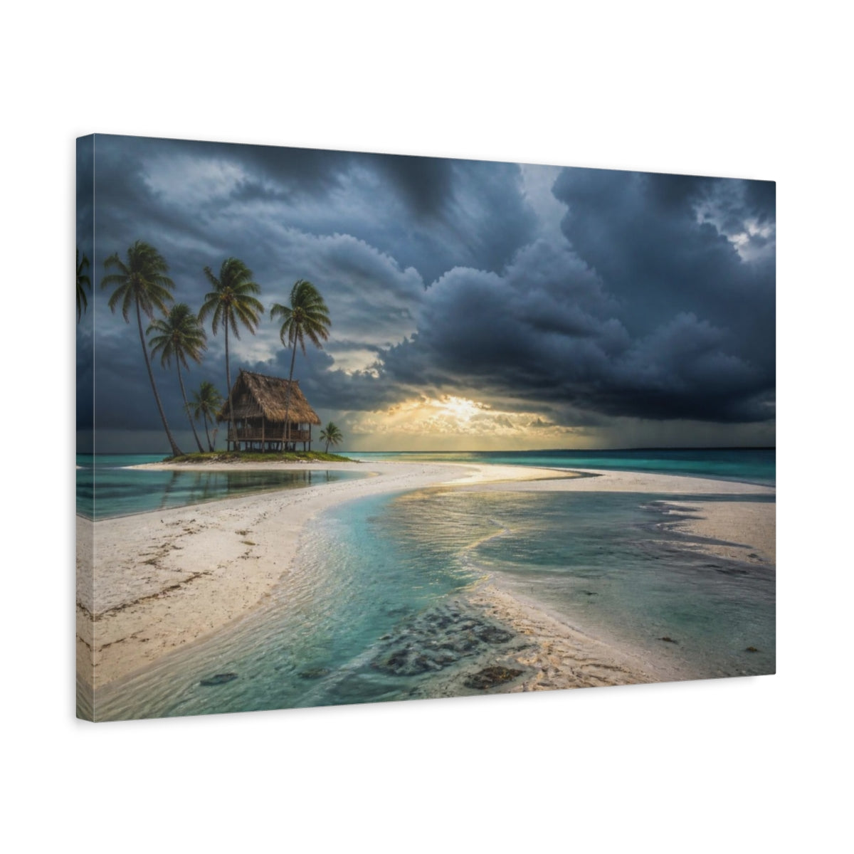 Side Mockup 3. Palm Hut Beyond Sandbar shown as canvas print
