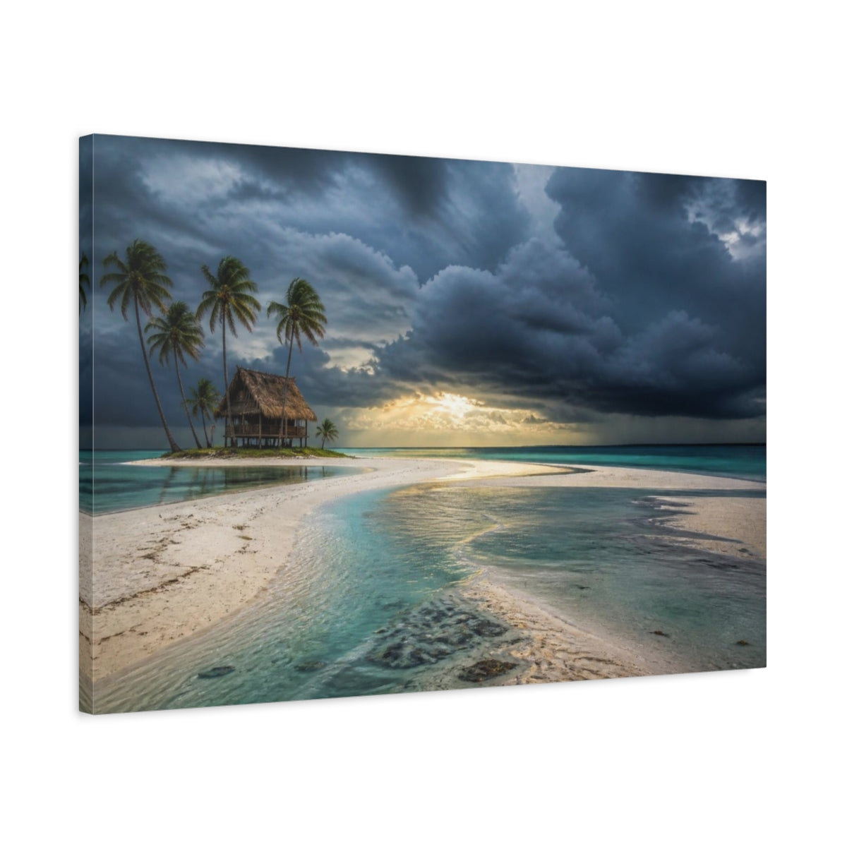 Side Mockup 2. Palm Hut Beyond Sandbar shown as canvas print
