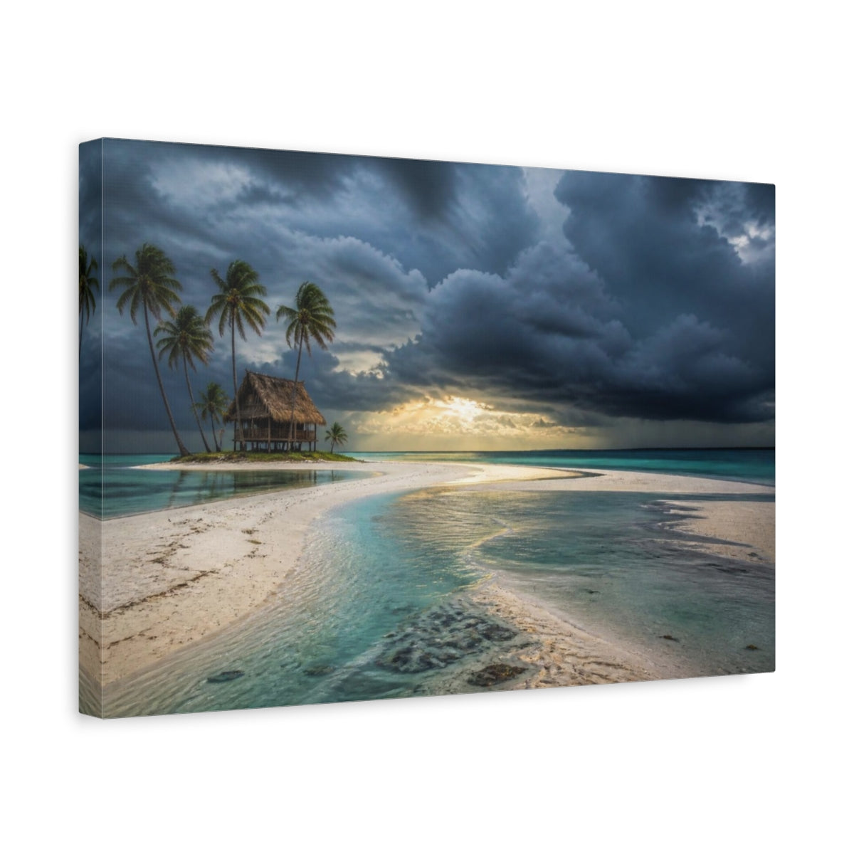 Side Mockup 4. Palm Hut Beyond Sandbar shown as canvas print