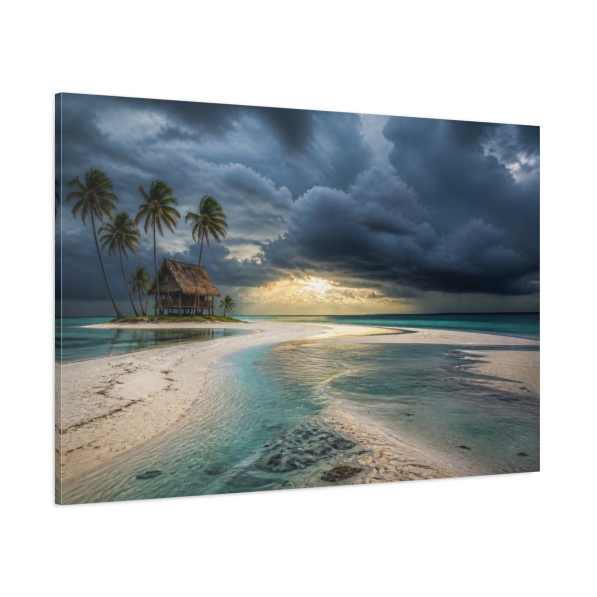 Side Mockup 1. Palm Hut Beyond Sandbar shown as canvas print