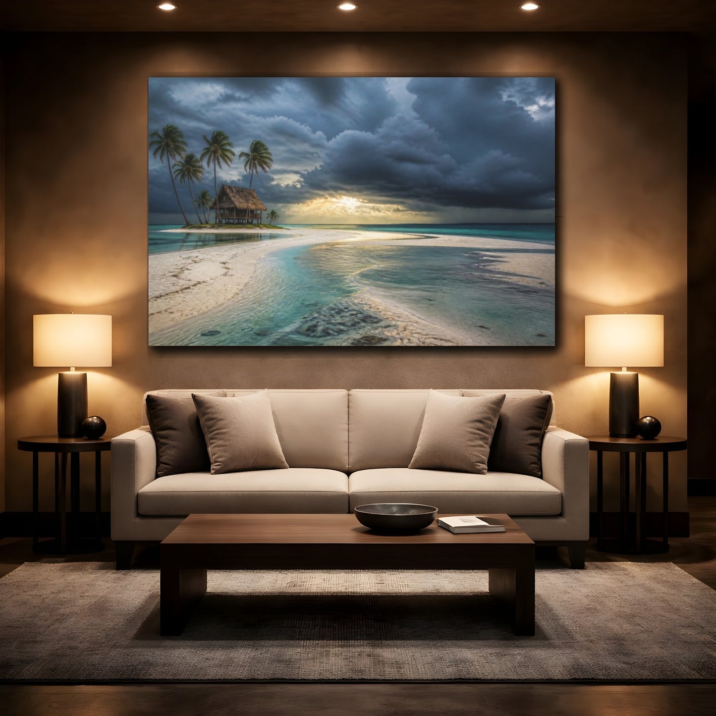 Mockup 2. Palm Hut Beyond Sandbar shown as canvas print