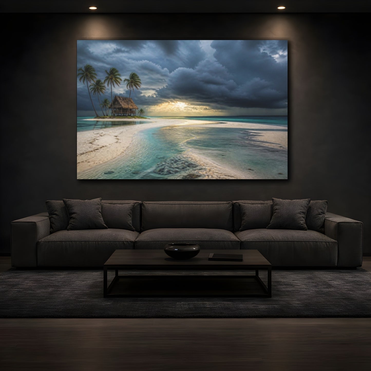 Mockup 3. Palm Hut Beyond Sandbar shown as canvas print