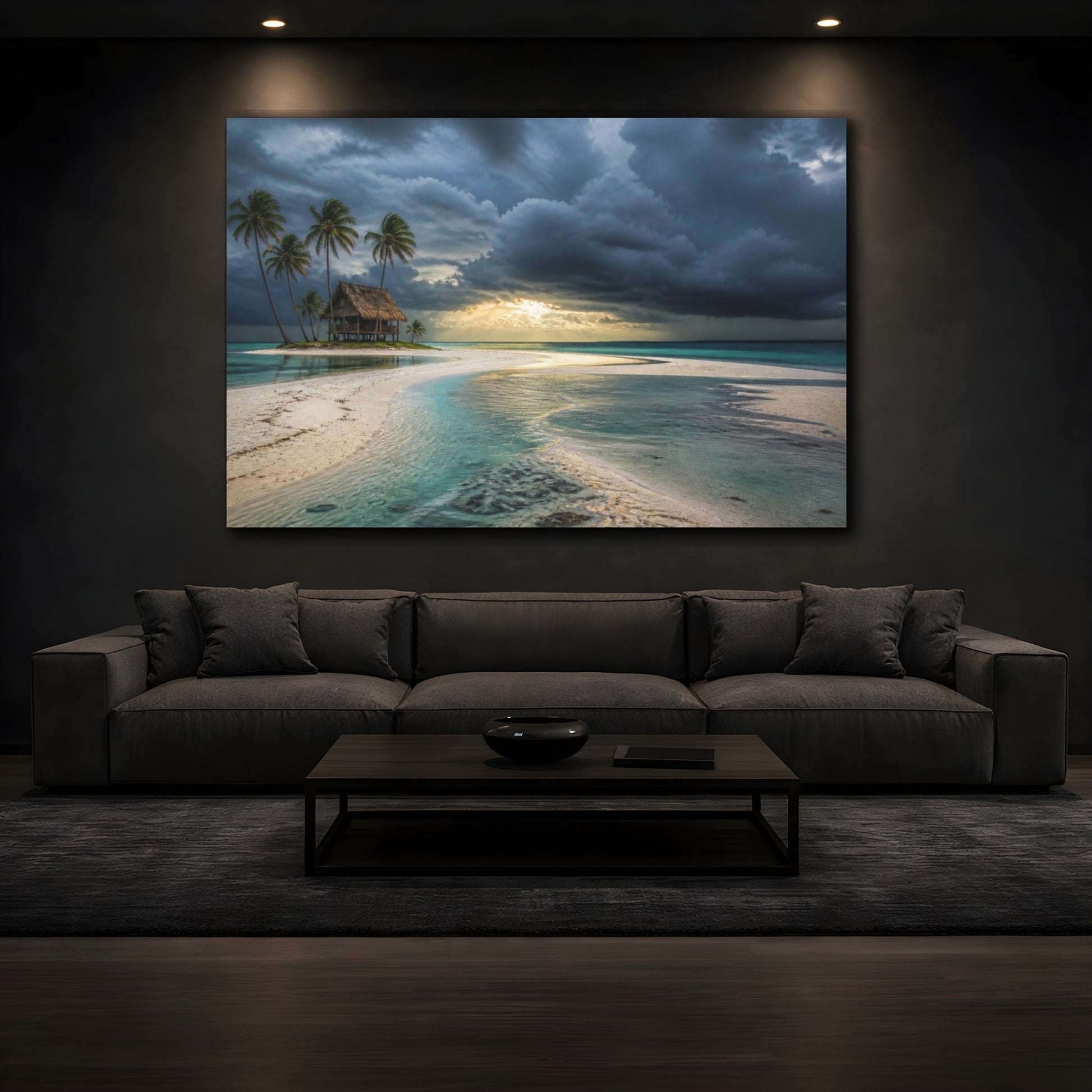 Mockup 3. Palm Hut Beyond Sandbar shown as canvas print
