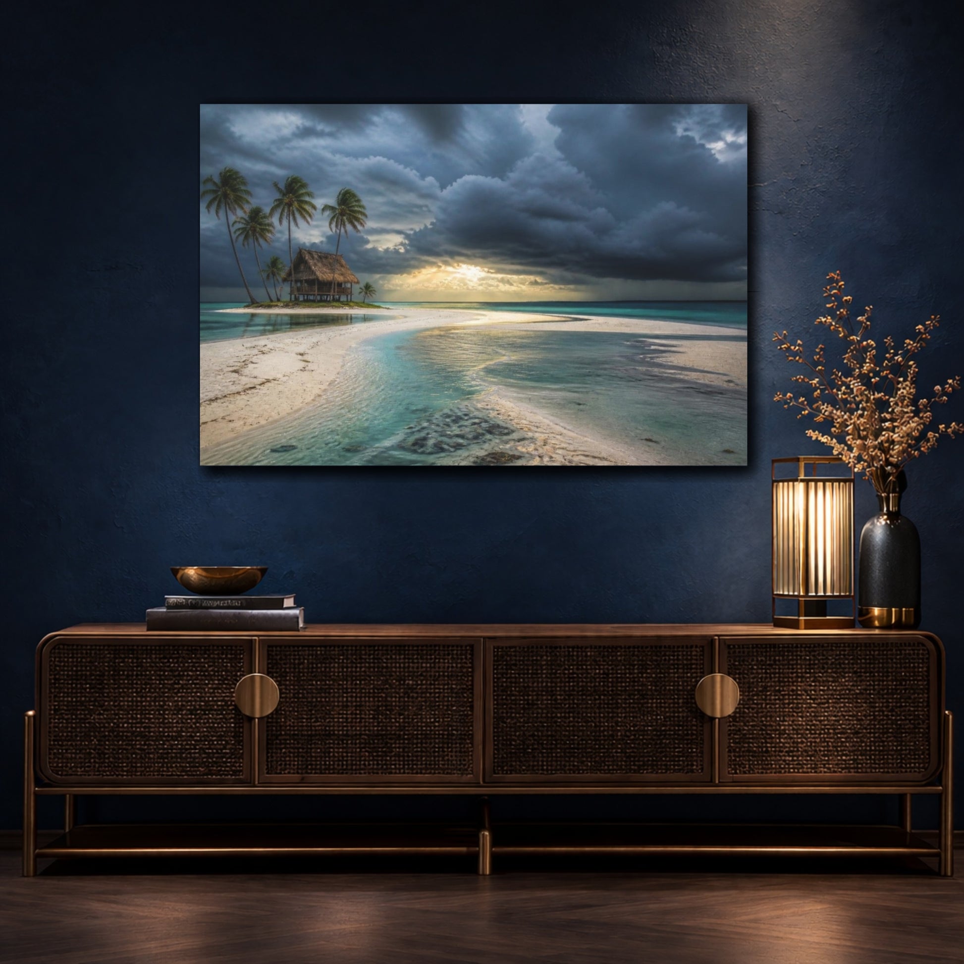 Mockup 4. Palm Hut Beyond Sandbar shown as canvas print
