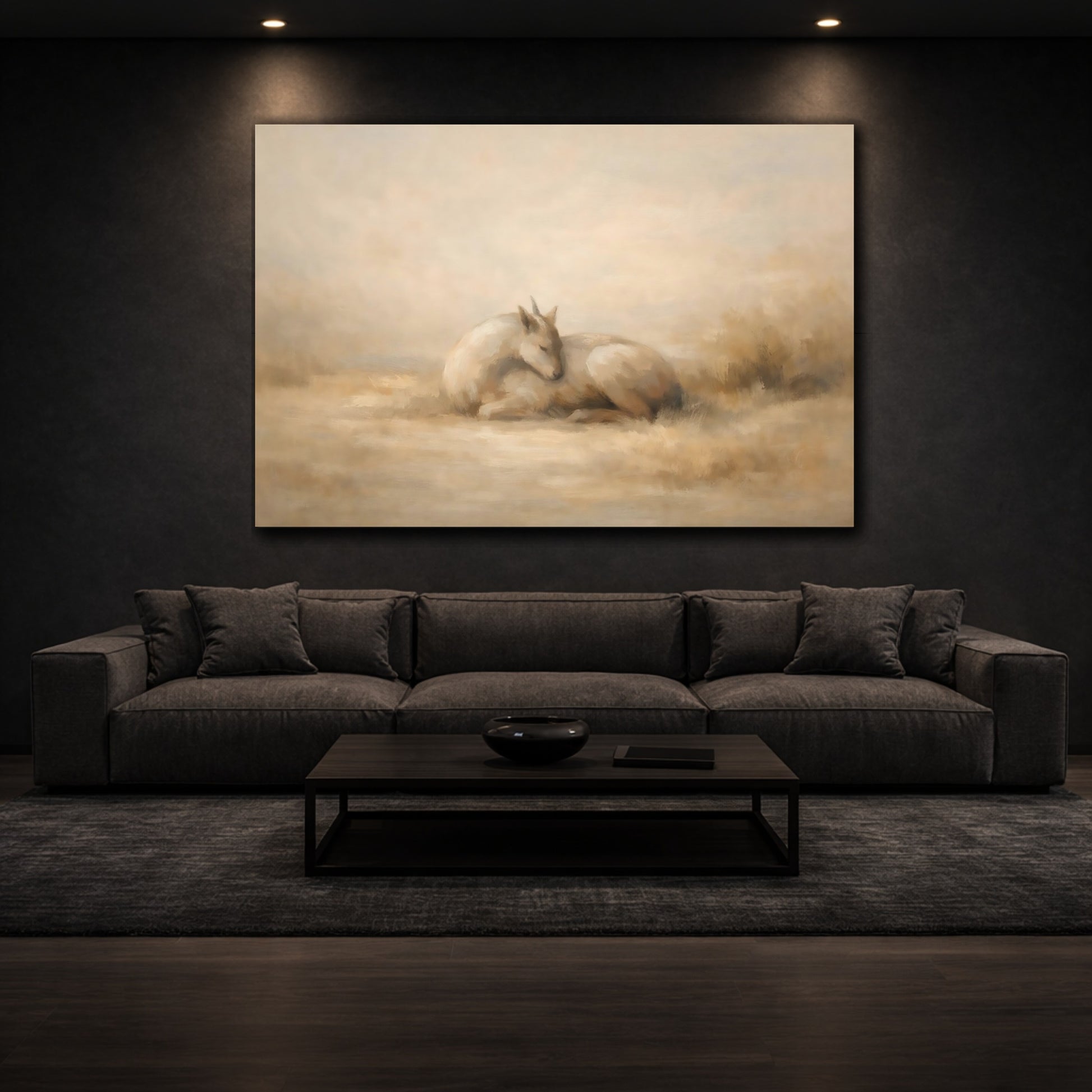 Mockup 2. Panoramic Abstract Animal Quiet Form shown as stretched canvas wall art
