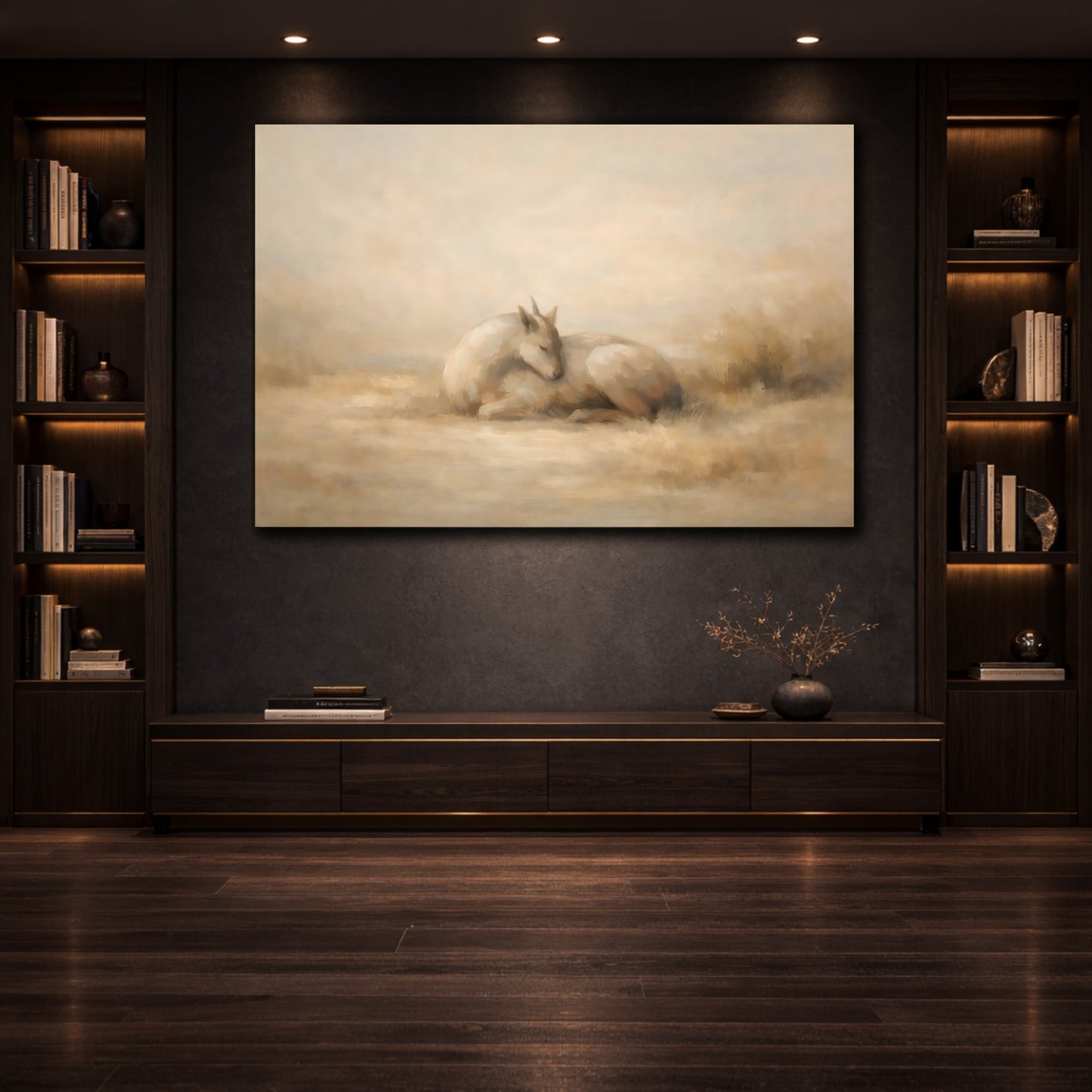 Mockup 3. Panoramic Abstract Animal Quiet Form shown as stretched canvas wall art