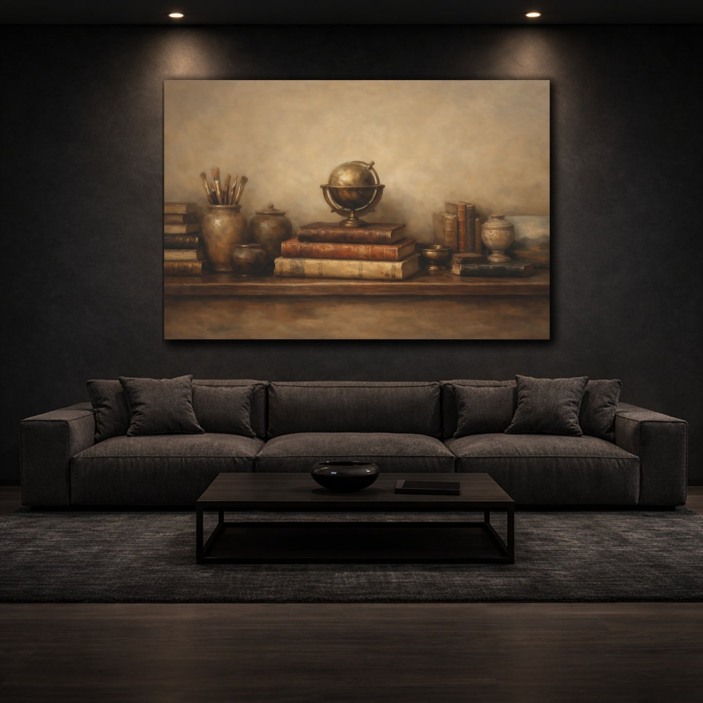 Mockup 2. Panoramic Abstract Bookshelf Wide Curated Composition shown as stretched canvas wall art