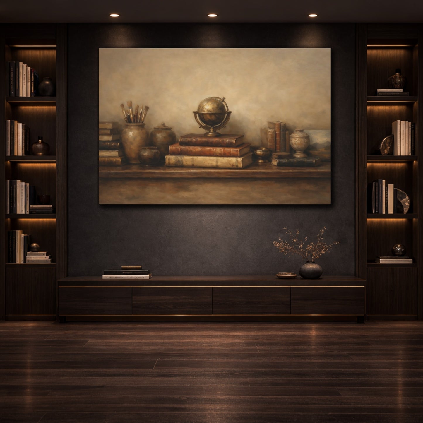 Mockup 3. Panoramic Abstract Bookshelf Wide Curated Composition shown as stretched canvas wall art