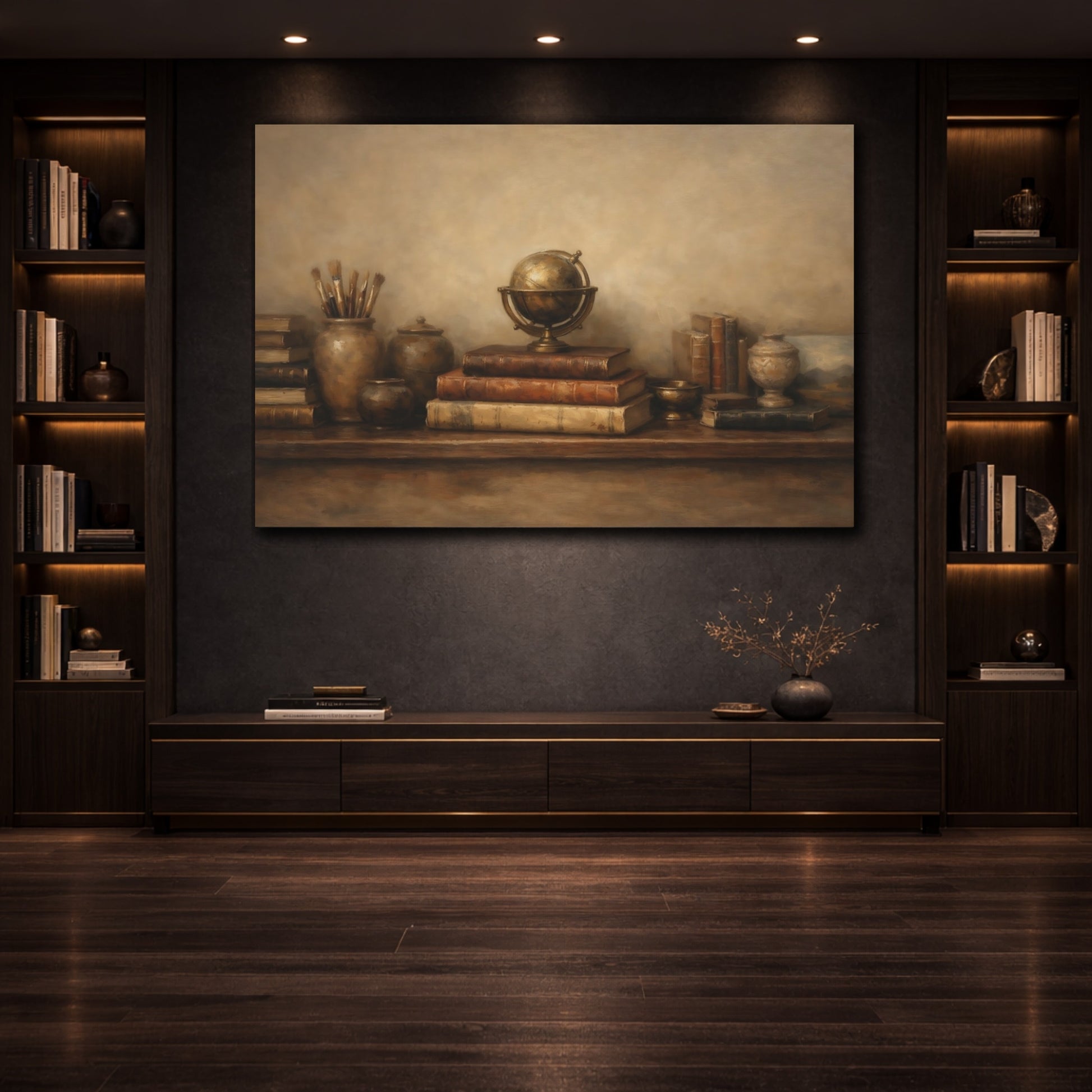 Mockup 3. Panoramic Abstract Bookshelf Wide Curated Composition shown as stretched canvas wall art