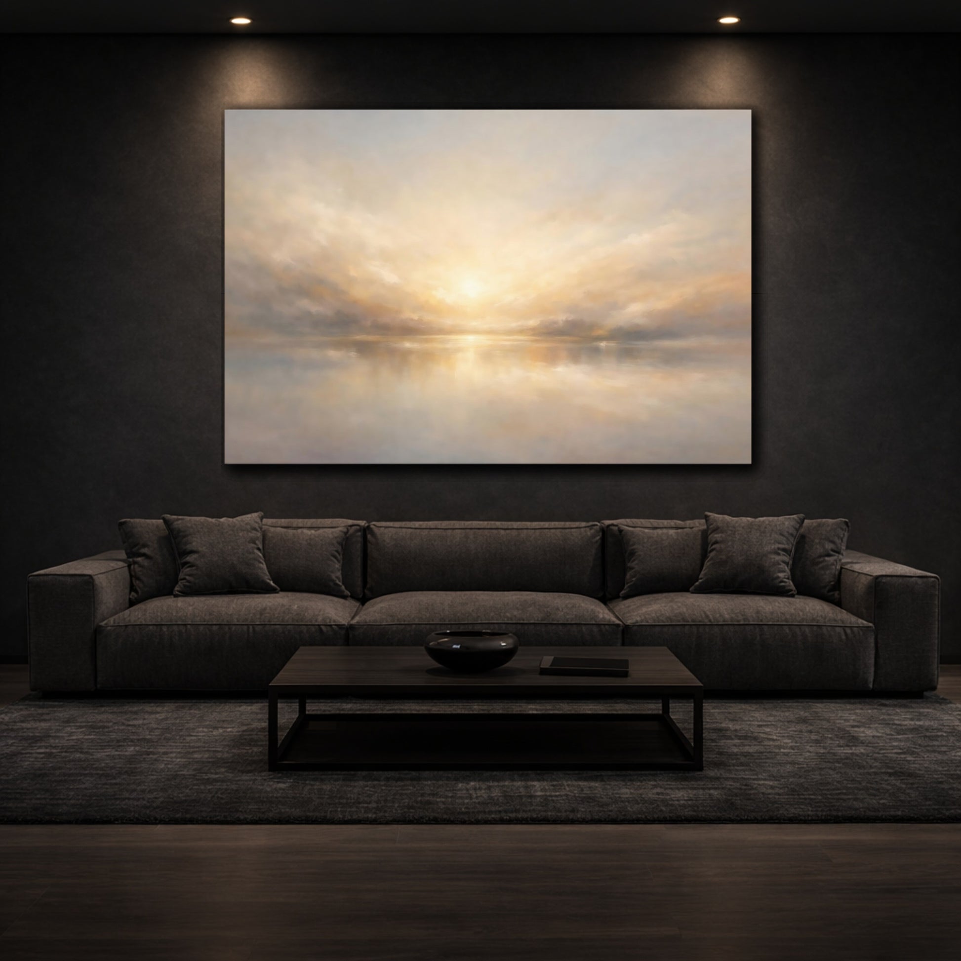 Mockup 2. Panoramic Abstract Light Diffusion Horizontal Flow Scene shown as stretched canvas wall art
