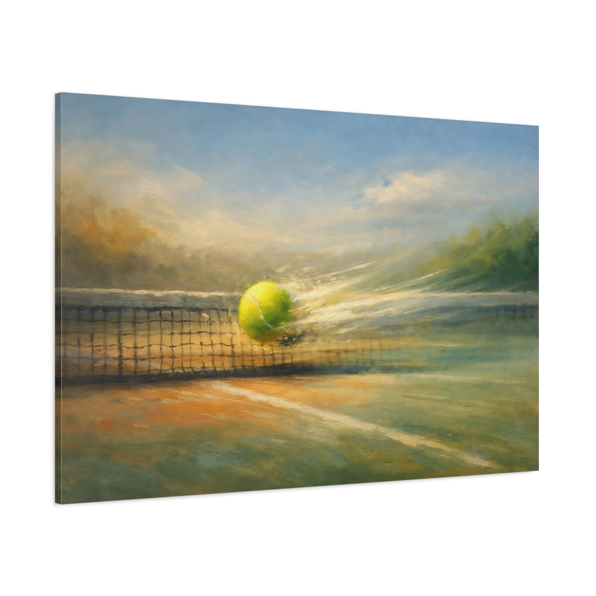 Main Mockup. Panoramic Abstract Tennis Rally Dynamic Motion Scene shown as stretched canvas wall art