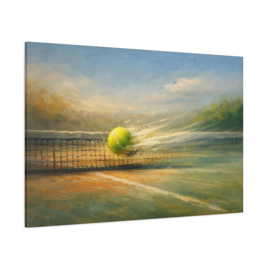 Main Mockup. Panoramic Abstract Tennis Rally Dynamic Motion Scene shown as stretched canvas wall art