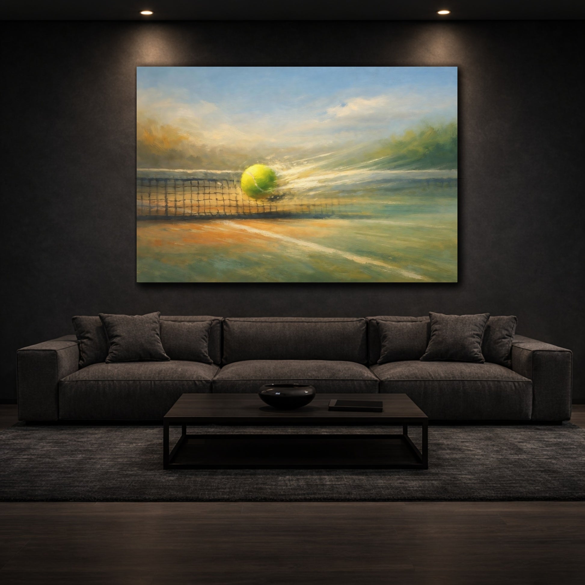 Mockup 2. Panoramic Abstract Tennis Rally Dynamic Motion Scene shown as stretched canvas wall art