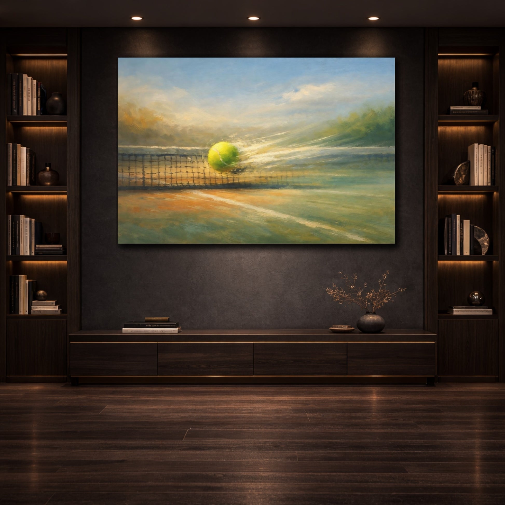 Mockup 3. Panoramic Abstract Tennis Rally Dynamic Motion Scene shown as stretched canvas wall art