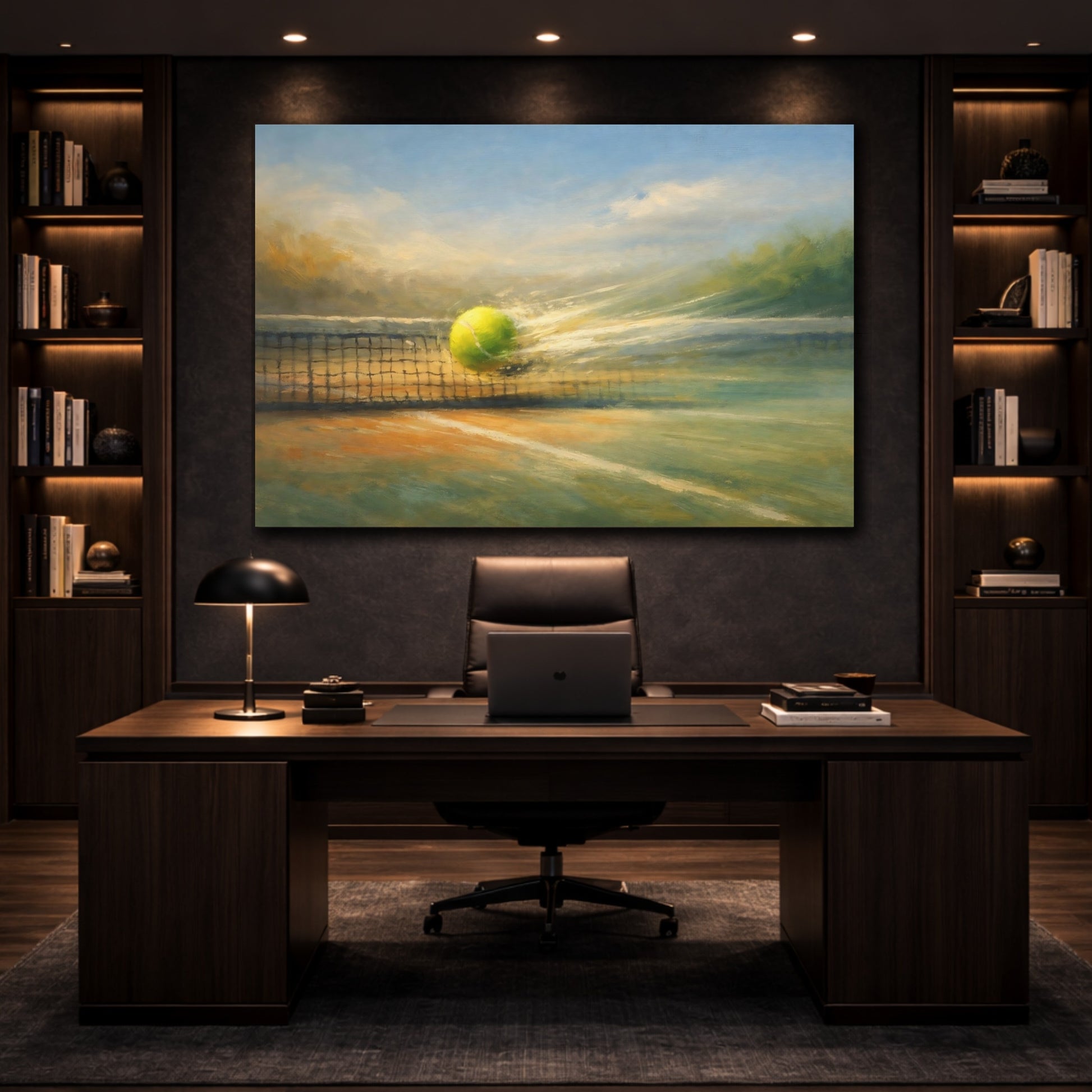 Mockup 4. Panoramic Abstract Tennis Rally Dynamic Motion Scene shown as stretched canvas wall art