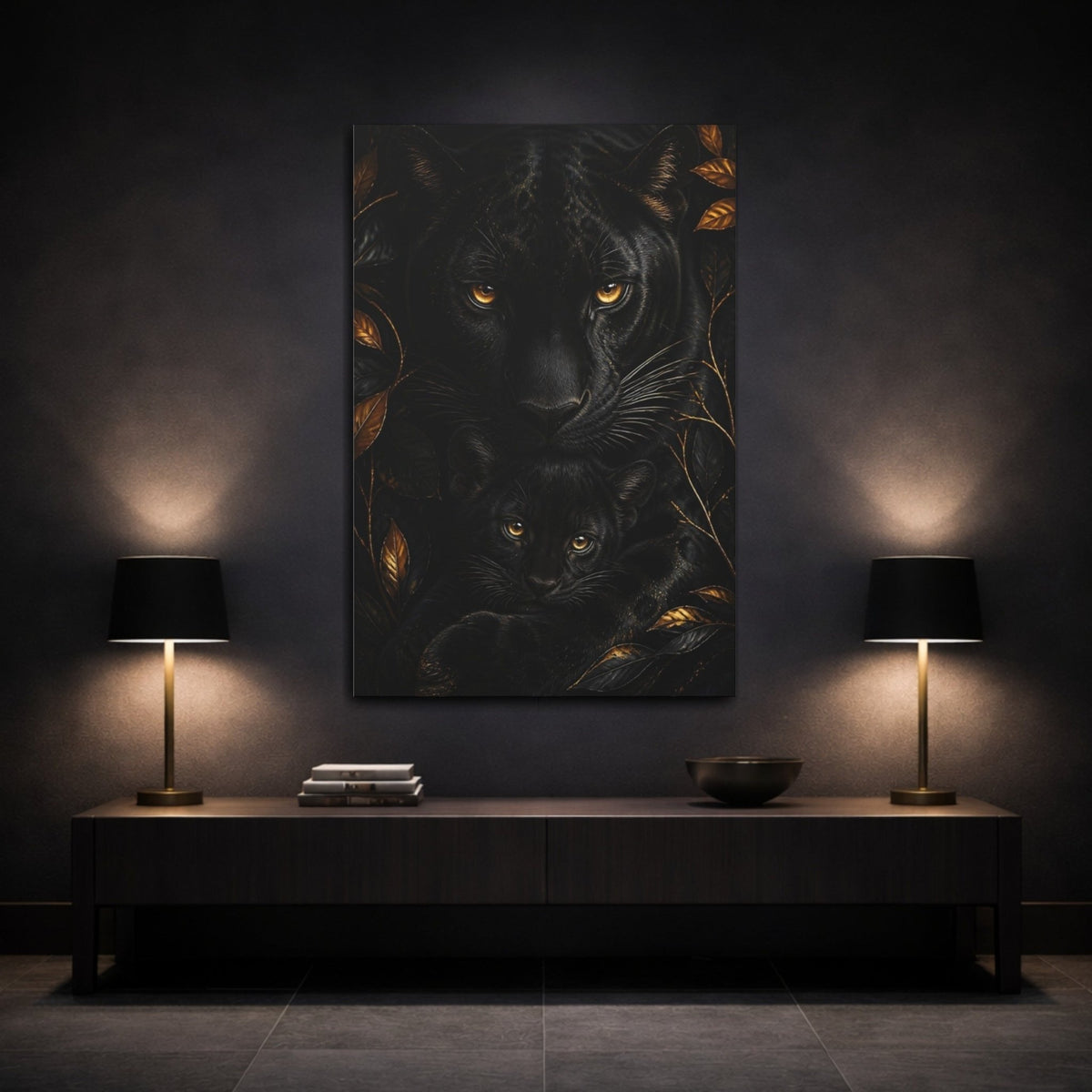 Panther Animal Portrait Canvas Print – Living Room, Above Sofa, Black & Gold - YesArtYes