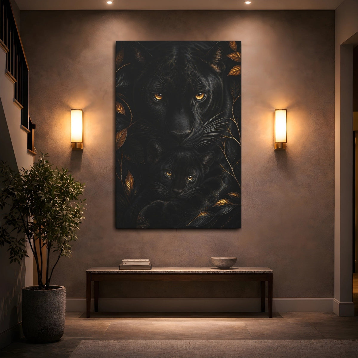 Panther Animal Portrait Canvas Print – Living Room, Above Sofa, Black & Gold - YesArtYes