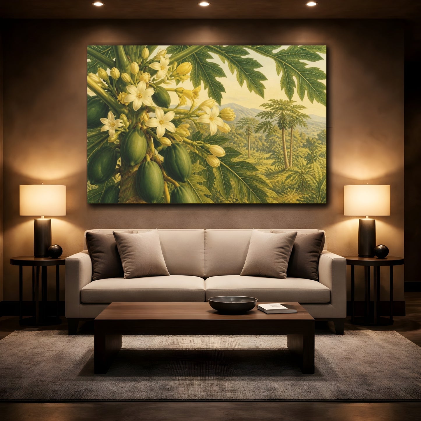 Mockup 2. Papaya Blossoms And Fruit shown as canvas print