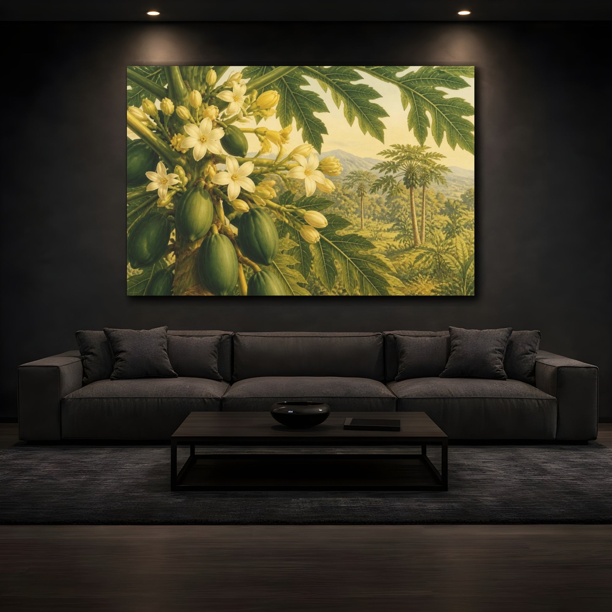 Mockup 3. Papaya Blossoms And Fruit shown as canvas print