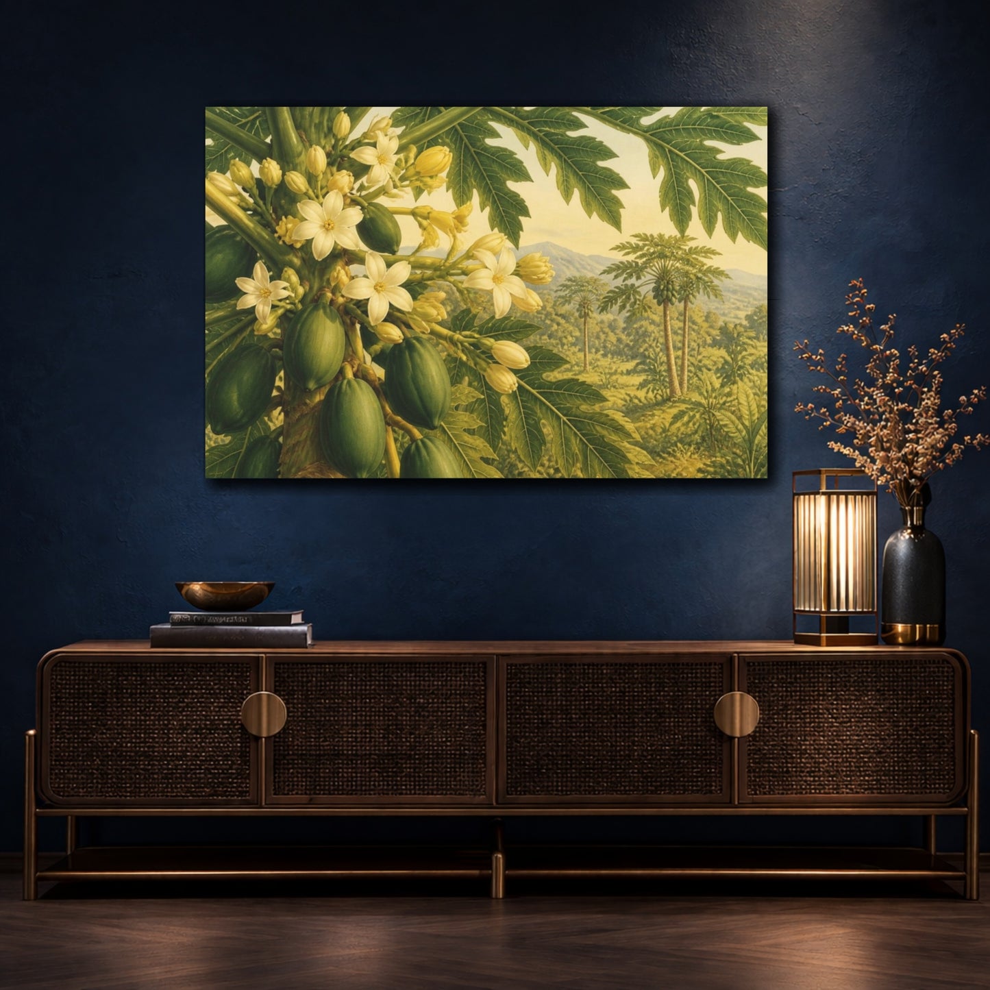 Mockup 4. Papaya Blossoms And Fruit shown as canvas print