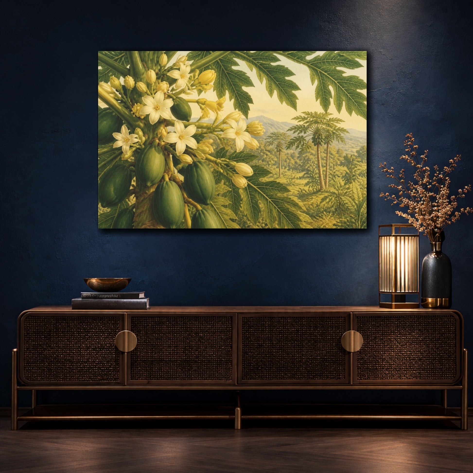Mockup 4. Papaya Blossoms And Fruit shown as canvas print