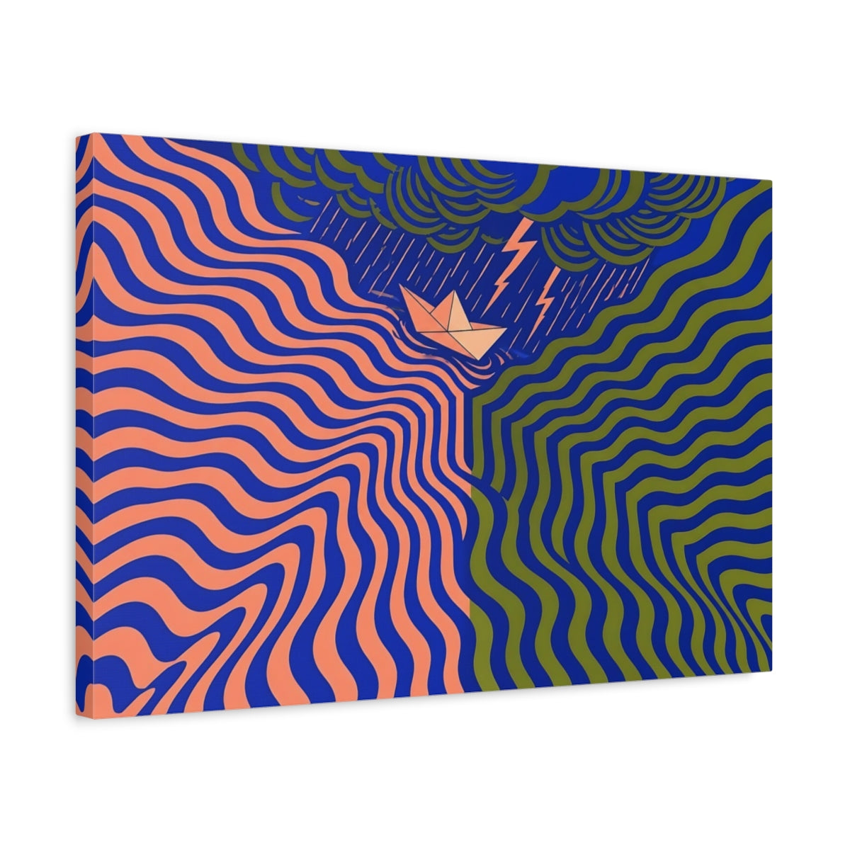 Side Mockup 3. Paper Boat In Wavy Storm shown as canvas print