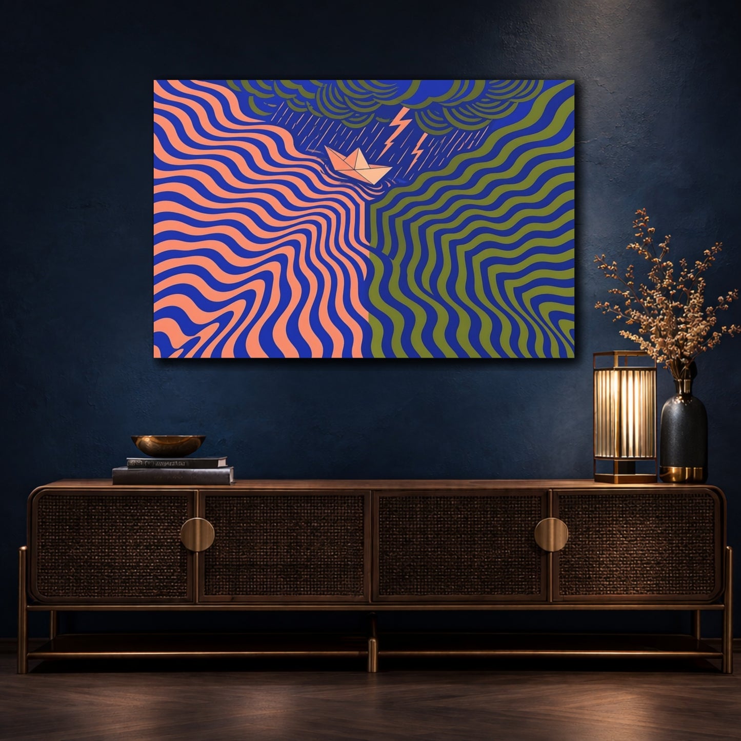 Mockup 4. Paper Boat In Wavy Storm shown as canvas print