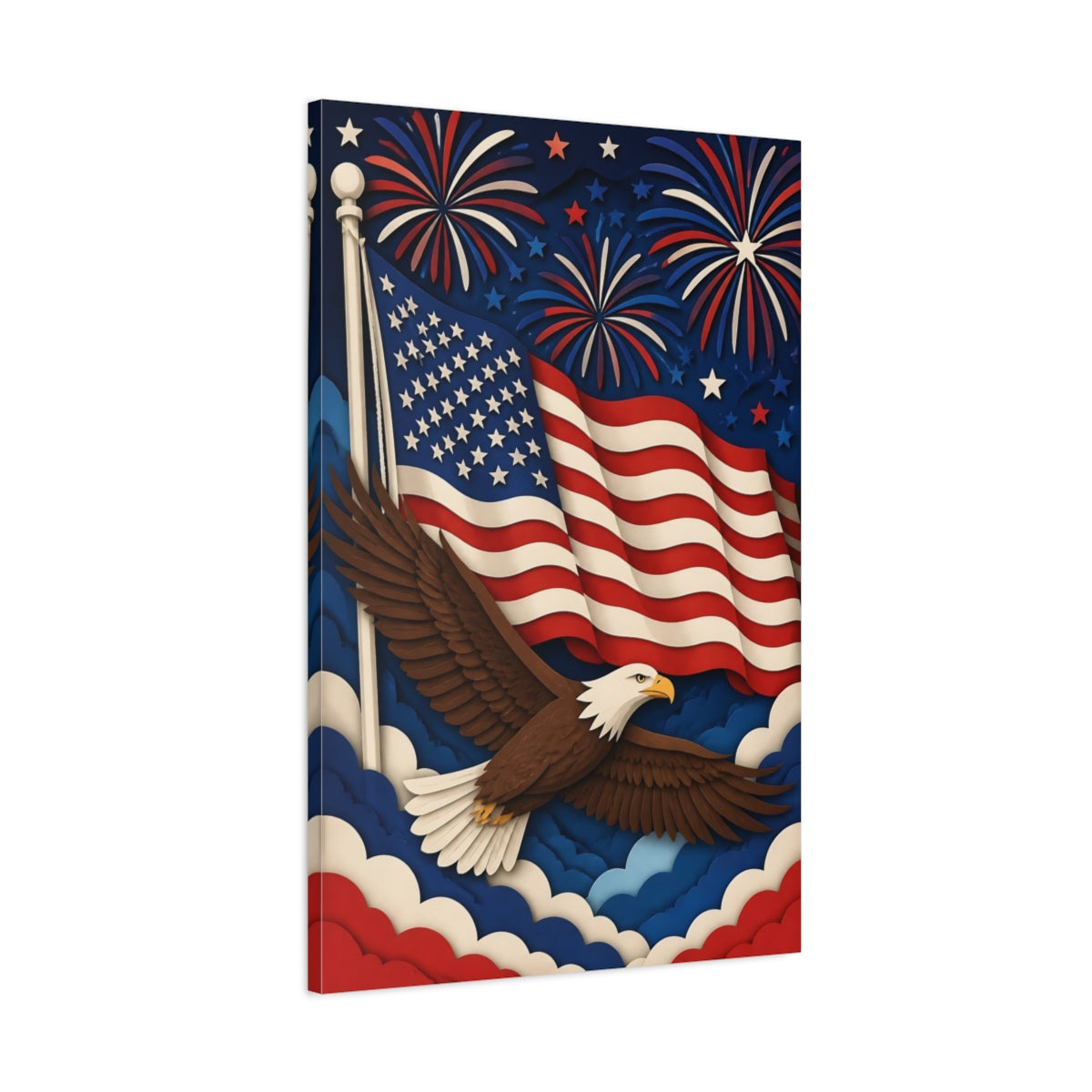 Main Mockup. Paper-Cut Bald Eagle Flag shown as canvas print